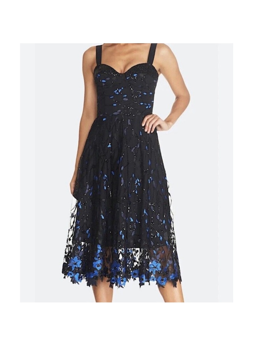 Dress the Population Corina Black and Royal Blue Floral Lace Midi Dress